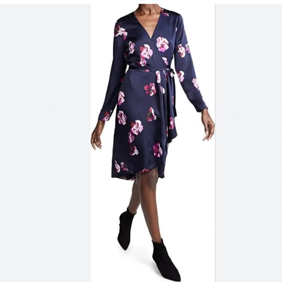 JOIE MILTONA NAVY SATIN PINK FLORAL SHORT SLEEVE WRAP DRESS - XS - Picture 1 of 12